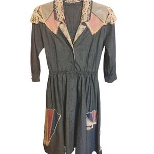 Vintage Homemade Dress Denim Cottage Patchwork Doily Small Medium?